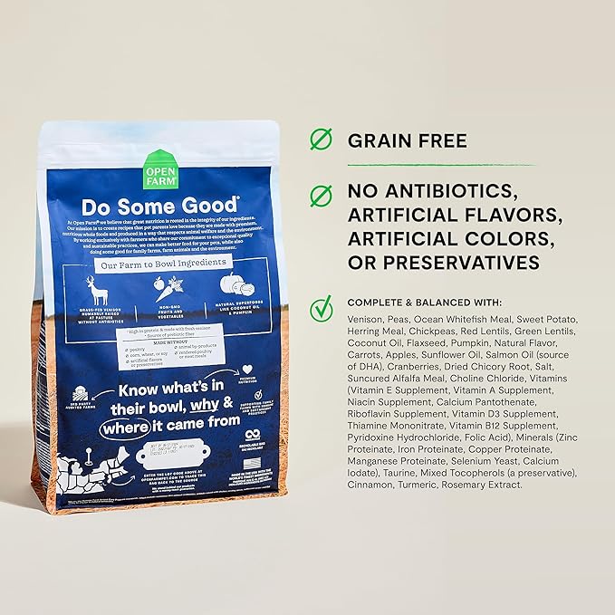 Open Farm, Grain-Free Dry Dog Food, Complete & Balanced Kibble, Sustainably & Ethically Sourced Ingredients, Non-GMO Veggies & Superfoods Support Overall Health, New Zealand Venison Recipe, 22lb Bag