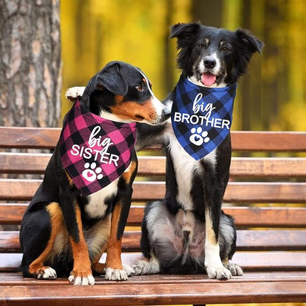 Big Brother Big Sister Dog Bandana, Plaid Pregnancy Announcement Dog Bandanas for Dogs (Blue and Pink, Big Brother and Big Sister)