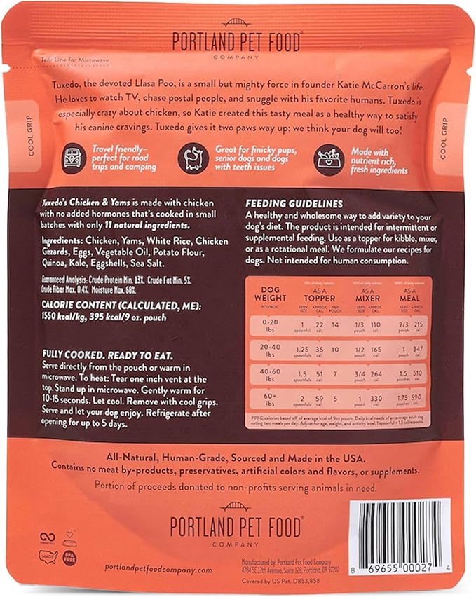 Portland Pet Food Company Tuxedo’s Chicken & Yams Fresh Dog Food Pouches - Human-Grade, Gluten-Free Wet Pet Meal Topper & Mixers - Large & Small Breed Puppy & Senior Dogs - Made in The USA - 8 Pack