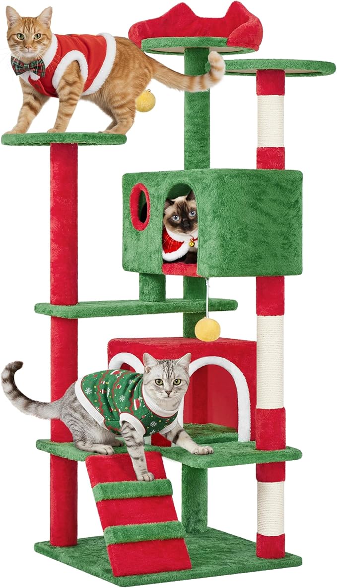 Yaheetech 54in Christmas Cat Tree, Multi-Level Cat Tower with Spacious Kitten-Ear Perch, 2 Cozy Caves, Scratching Posts, Climbing Ladder, 2 Plush Balls for Indoor Kittens, Red/Green