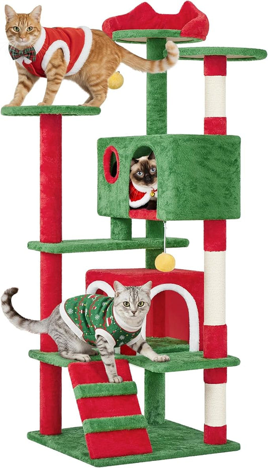 Yaheetech 54in Christmas Cat Tree, Multi-Level Cat Tower with Spacious Kitten-Ear Perch, 2 Cozy Caves, Scratching Posts, Climbing Ladder, 2 Plush Balls for Indoor Kittens, Red/Green