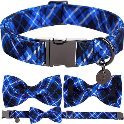 Dog Collar with Bow Tie, Cotton Dog Bowtie for Puppy, Blue Girl Boy Dog Collar with Durable Metal Buckle, XS