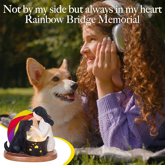 Dog Memorial Gifts with Rainbow Bridge,Hand-Sculpted Resin Pet Loss Sympathy Gift with LED Candle Holder, Home Decor for Pet Owners
