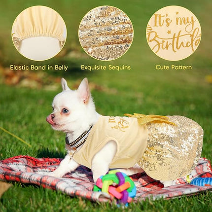 Birthday Dog Dress with Gold Sparkly Sequin Princess Dog Clothes for Small Medium Large Dogs Girls Boys Cats Outfit Apparel