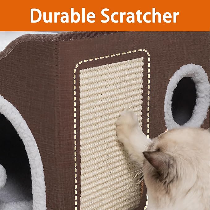 Cat Houses for Indoor Cats - Large Cat Bed Cave with Scratch Pad and Fluffy Ball, Foldable Cat Condo Hideaway with Reversible Cushion for Multi Small Pet，Brown