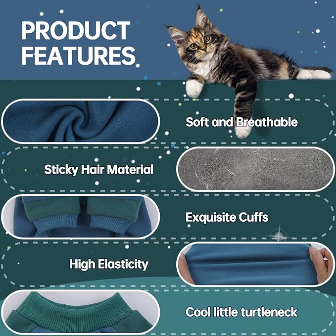 Sticky Hair Cat Clothes, Four-Leg Long Sleeve Cat Pajamas, Prevent Fur Shedding Kitten Onesie Shirts, Surgery Recovery Suit for Male Female, Wound Protection & Preventing Licking