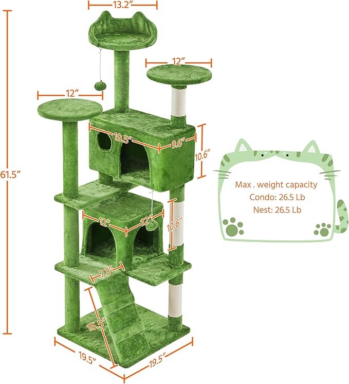 Yaheetech 62in Cat Tree Tower for Indoor Cats, Furniture w/Double Condo, Scratching Posts, Multiple Platforms and Balls for Kittens, Green