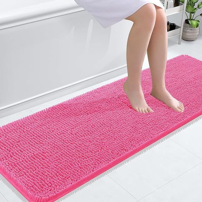 OLANLY Bathroom Rugs 59x20, Extra Soft Absorbent Chenille Bath Rugs, Rubber Backing Quick Dry, Machine Washable Bath Mats for Bathroom Floor, Tub and Shower, Home Decor Accessories, Hot Pink
