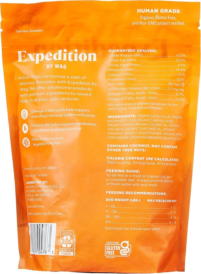 Amazon Brand - Wag Expedition Human Grade Organic Biscuits Dog Treats, Non-GMO, Pumpkin & Chia Seed, 10 oz, Pack of 1