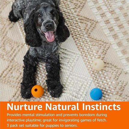 Amazon Basics Dog Toys, Interactive Assorted Rubber Balls, (Pack of 3), 2.5 inch, Blue, Beige, Orange