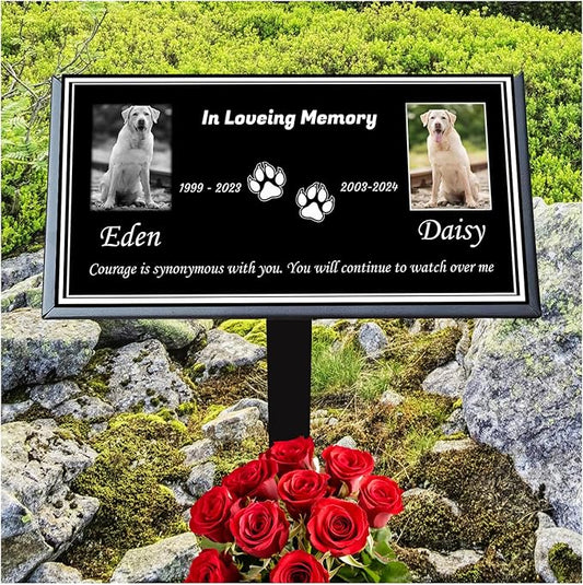 Pet Memorial Stones for Dogs & Cats, Personalized Dog Memorial Plaques for Pet Grave Stones for Outdoor - Cats Headstones, Tombstones for Grave Markers with Photo (Double Portrait)