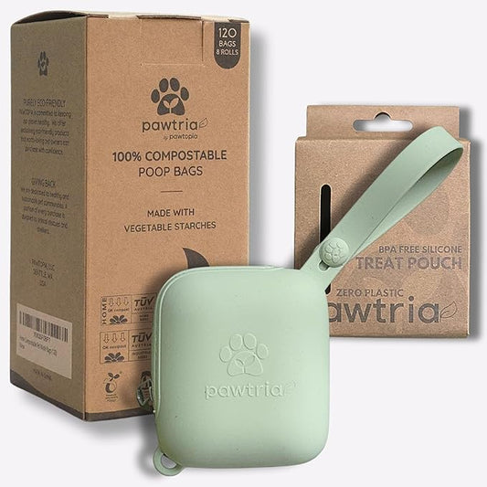 Pawtria Eco Duo Set: Dog Poop Bags (120) + Premium BPA Free Silicone Treat Case (3.25"H X 2.75"L), BPA-Free, Leak-Proof, Biodegradable, Zero Waste, Supports Rescue Dogs (Treat Case + 120 Poo Bags)