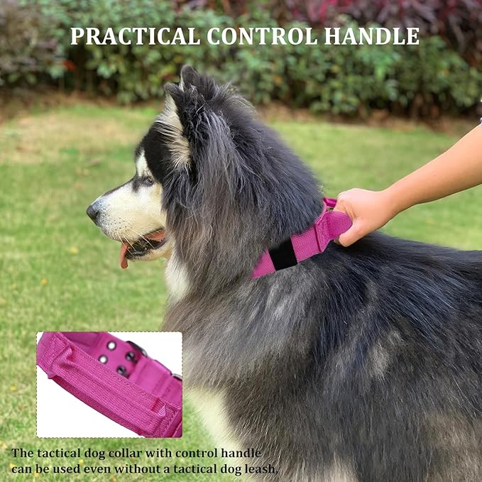 Tactical Dog Collar with Handle, Military Adjustable Heavy Duty Metal Buckle Dog Collars Soft Nylon Training Collar for Medium Large Dogs (Pink, Large)