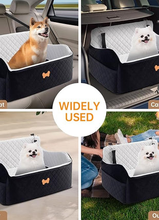 Car Seat for Large Size Dog, Booster Seat for Dogs Under 55 lbs or 2 Small Dogs, Soft Car Dog Bed Filling in Thick Memory Foam with 2 Safety Leashes and Storage Pocket (Grey/Black)