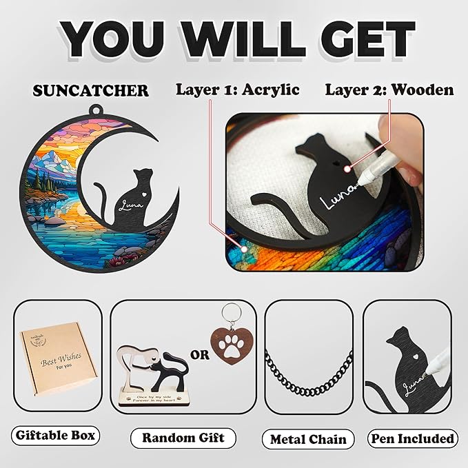 6'' DIY Cat on Moon Memorial Suncatcher, Personalized Name Cat Sympathy Ornament Window Hanging, Ideas Gift for Loss of Pet Passing Away, Remembrance Keepsake for Pet Lovers SCC-B2-6-03