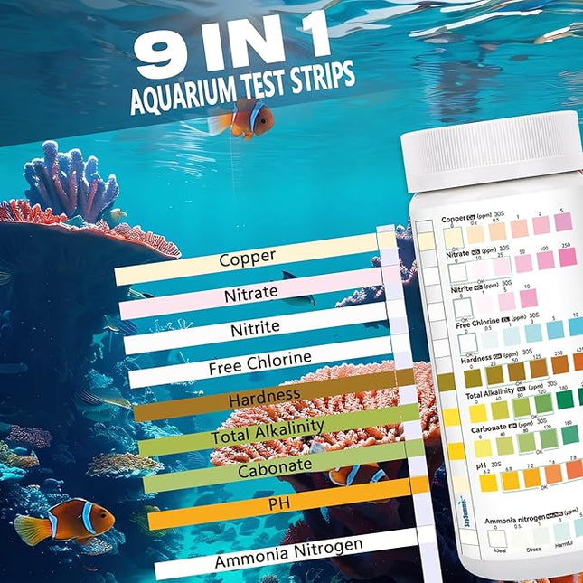 Aquarium Test Strips for Fish Tank: 9 in 1 Aquarium Ammonia Test Strips for Fish Tank - 125 Counts Aquarium Water Test Kit Testing Ammonia Nitrogen, Copper, pH and More