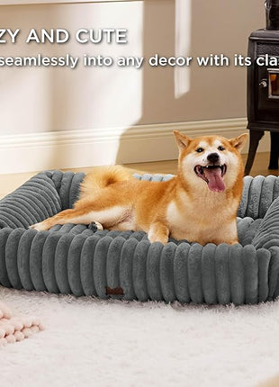 Bedsure Cute Dog Bed for Large Dogs - Washable Furry Puppy Beds, Rectangle Orthopedic Corduroy Fleece Pet Beds with Removable Zipper Cover, 36x27x8inches, Warm Grey