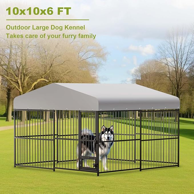 10 x 10FT Large Dog Kennel, Heavy Duty Metal Outdoor Dog Kennel, Outside Dog Playpen with Roof & Feeding Door