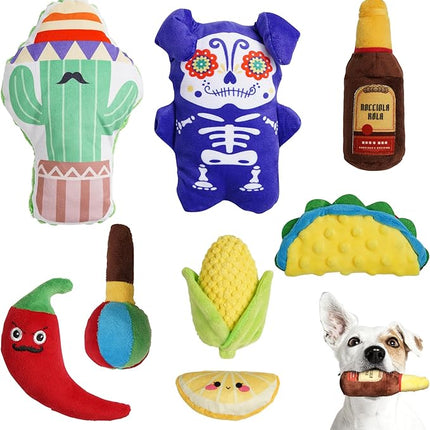 Nocciola Mexican Style Squeaky Dog Toys, Cute Soft Plush Stuffed Crinkle Chew Puppy Toys for Small Medium Breed, 8 Packs