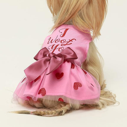 Fitwarm I Woof You Valentines Dog Dress 100% Cotton Girl Dog Clothes Pet Apparel Doggie Tutu with Bowknot Cat Clothing Puppy Dresses Doggy Costume Attire Pink Small