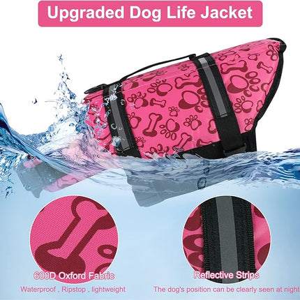 HAOCOO Dog Life Jacket Vest Saver Safety Swimsuit Preserver with Reflective Stripes/Adjustable Belt Dogs?Pink Bone,S