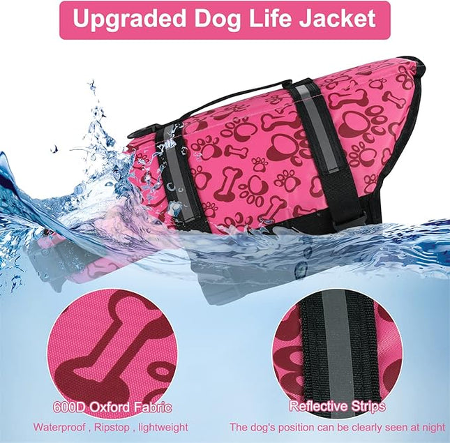 HAOCOO Dog Life Jacket Vest Saver Safety Swimsuit Preserver with Reflective Stripes/Adjustable Belt Dogs?Pink Bone,XL