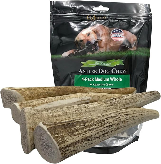 Elk Antler Dog Chews | Long-Lasting A-Grade Premium Elk Antler Chews for Dogs from Naturally Shed Elk Antlers Collected in The USA, Whole, Medium (Pack of 4)