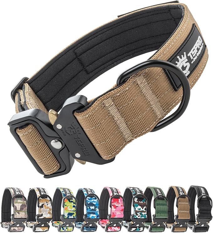 TSPRO Premium Dog Collars Tactical Dog Collar with Patch and Heavy Duty Quick-Release Metal Buckle Durable Thick and Adjustable for Medium to Large Dogs (Khaki M)