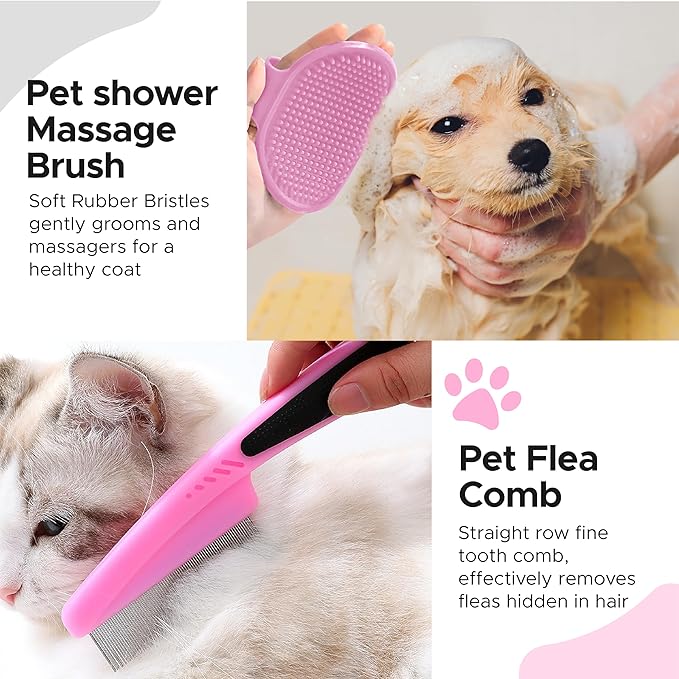 Cat and Dog Brushes for Grooming – Pet Grooming Kit with Brushes – At-Home Grooming Supplies with Dematting Comb, Slicker Brush, Dog Bath Brush (Pink)