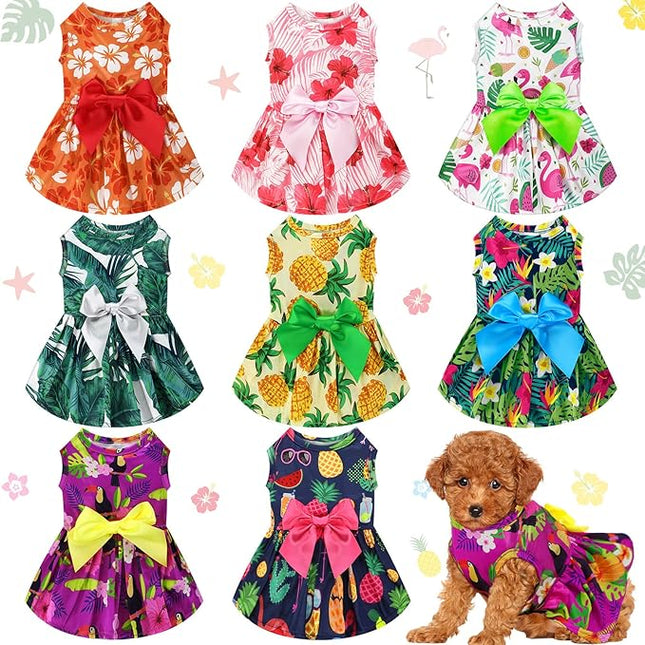 LEIFIDE 8 Pcs Summer Themed Hawaii Dog Dresses Holiday Flamingo Fruit Floral Pattern Pet Skirts Hawaii Puppy Princess Dresses Outfits Bowknot for Girl Dogs Cats Beach(XS)