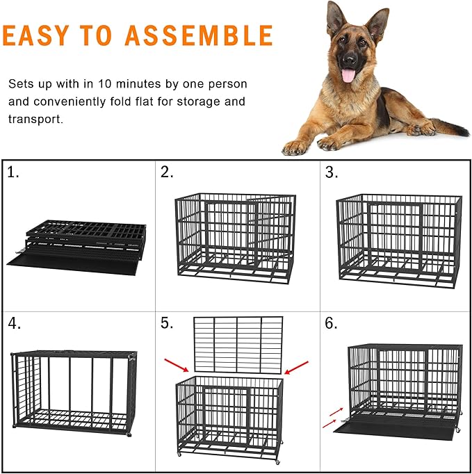 54/48/42/38 inch Heavy Duty Indestructible and Escape-Proof Dog Crate Cage Kennel for Large Dogs, High Anxiety Dog Crate with Removable Wire Trays and Wheels, Extra Large XL XXL