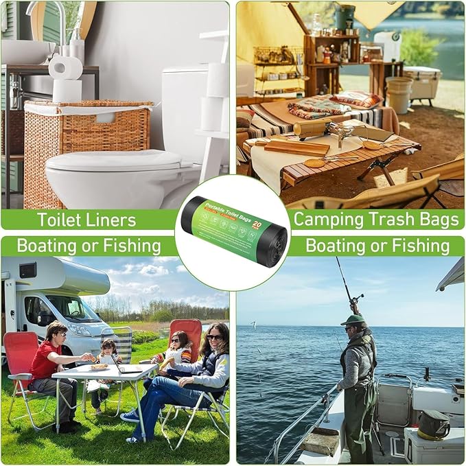 20 PCS Portable Toilet Bags for Camping - 100% Compostable & Biodegradable Toilet Replacement Bags, 8 Gallon Thickened Bucket Liner for Outdoor Boating Trip, Trash Bags Plastic Free