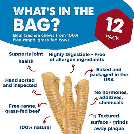 Best Bully Sticks Premium 12 Inch Beef Trachea for Dogs - 12 Count (Pack of 1) - All-Natural, Grain-Free, Single-Ingredient, Promotes Dental Health