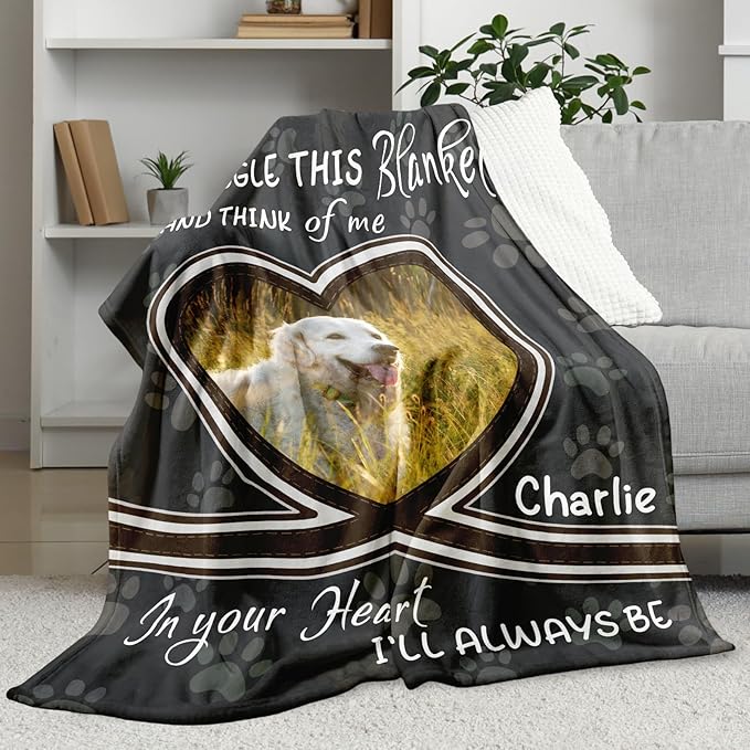 WFR Personalized Pet Memorial Throw Blanket with Photo-Pet Memorial Gifts for Dogs Cats Loss of Dog Sympathy Gift Bereavement Remembrance Passing Away Gifts,Pet Picture Blanket (1-Heart Photo)