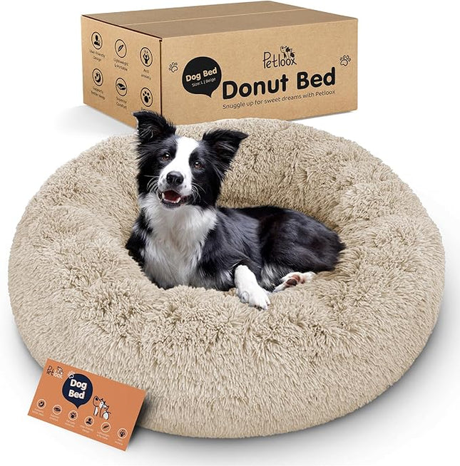 Donut Dog Bed - Premium Comfort for Anxiety Relief - Fluffy & Calming Design with Ultra-Plush Support | Cozy Round Dog Bed with Super Soft Circle Style (Beige, Large)