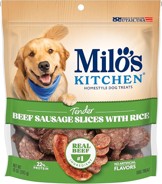 Milo's Kitchen Homestyle Dog Treats, Beef Sausage Slices, 10 Ounce, High Protein, No Artificial Flavors