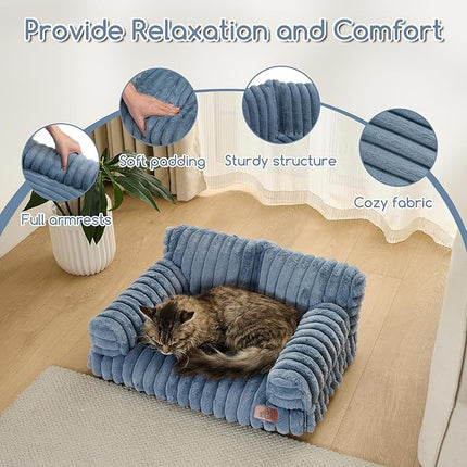 Hollypet Fluffy Plush Pet Cat Couch Soft Calming Pet Sofa Beds for Medium Small Cats and Dogs, Haze Blue