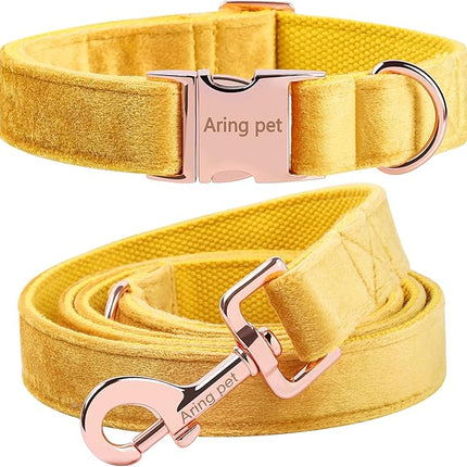 ARING PET Velvet Dog Collar and Leash Set, Bright Yellow Dog Collar and Leash, Adjustable Soft Collars for Dogs
