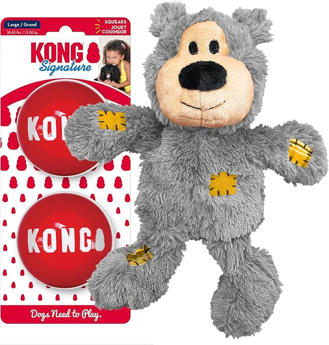 KONG Wild Knots Bear & Signature Balls (2 Pack) - Soft Bear Chew Toy with Rope Interior - Durable Dog Balls for Fetch - for Large Dogs