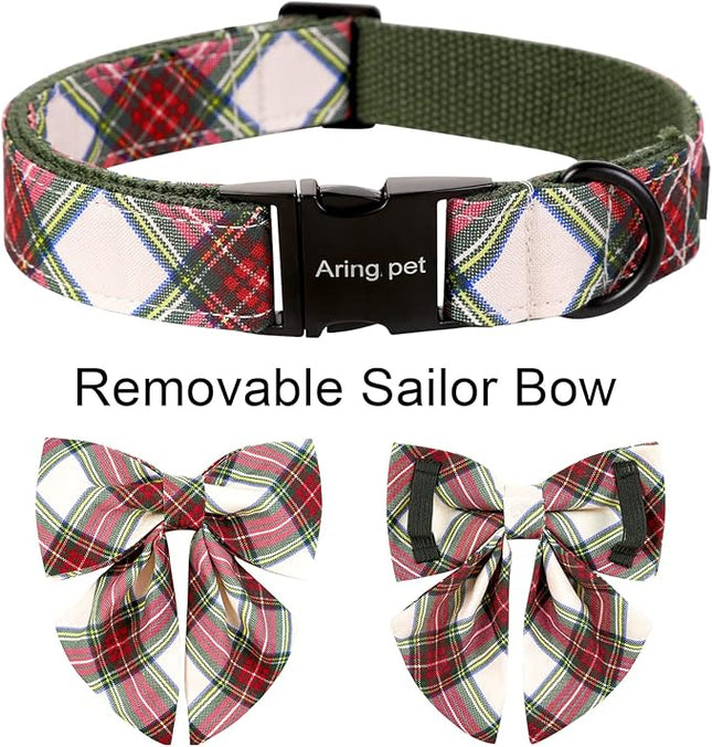 ARING PET Christmas Dog Collar, Cute Xmas Pet Collar with Sailor Bowtie Red and Green Plaid Bow Tie Collars with Metal Buckle for Puppy Small Medium Large Boy Girl Dogs-XL