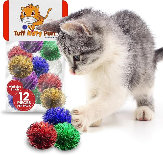 Tuff Kitty Puff Sparkle Ball Cat Toy - Mini Size 1 Inch (Mini 12 Pack)