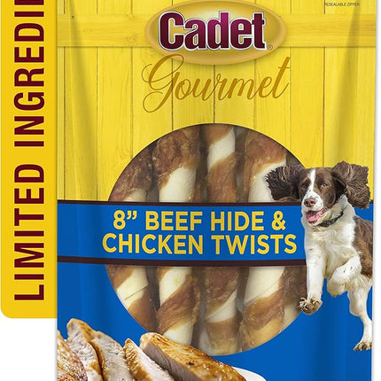 Cadet Gourmet 8-Inch Beef Hide Twist Chew Sticks, Long-Lasting and Natural Rawhide Chews for Dogs, Inspected & Tested in USA, Chicken Flavor, 6 Count