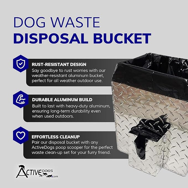 ActiveDogs Dog Poop Bucket Pet Waste Container - Heavy Duty Dog Poop Trash Can Outside Disposal Pail - A Rust-Resistant, Aluminium Metal, 5 Gallon Pail - Made in USA
