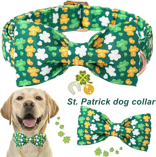 ARING PET St Patrick's Day Dog Collar, Cute Green Clovers Adjustable Shamrock Bowtie Pet Collar for Small Medium Large Girl Boy Dogs-S