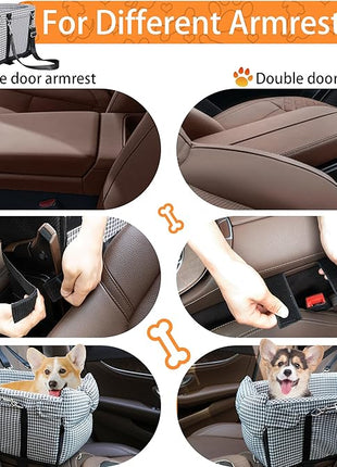 Center Console Dog Car Seat Dog Bed for Car Console Portable Armrest Booster Seat Carrier for Small Medium Dogs Anti-Collapse for Puppy Pet Up to 15 Lbs（Grid Black）