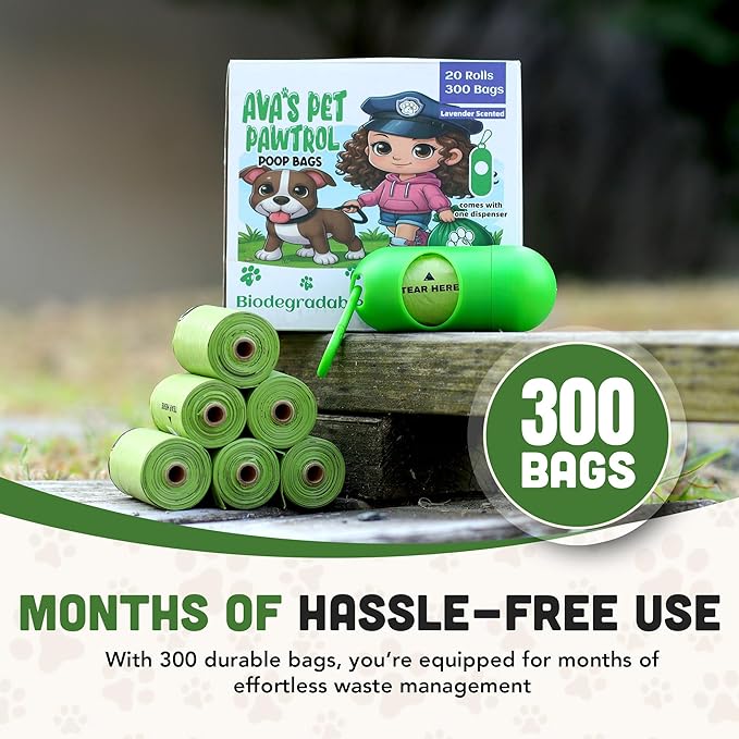 Ava’s Pet Pawtrol Dog Poop Bags Rolls w/Dispenser - 300 Biodegradable, Extra Thick, Leakproof, Heavy Duty Poop Bags for Dogs, Lavender Scented, Odor Control, Easy-Tear, Eco-Friendly, Puppy Essentials