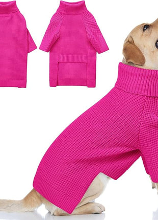 Queenmore XXL Dog Sweater, Large Dog Sweaters for Male Dogs, Turtleneck Plaid Kintsweaters for Large Breeds, Cold Weather Pullover Pet Clothes, Fuchsia 2XL