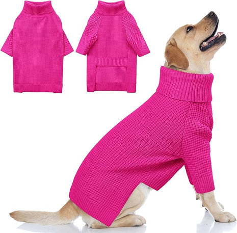 Queenmore XXL Dog Sweater, Large Dog Sweaters for Male Dogs, Turtleneck Plaid Kintsweaters for Large Breeds, Cold Weather Pullover Pet Clothes, Fuchsia 2XL