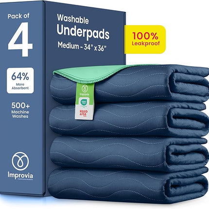 IMPROVIA® Washable Underpads, Heavy Absorbency Reusable Incontinence Pads for Kids, Adults, Elderly, and Pets, Waterproof Protection Floor (Navy and Green, 34"x36" (Pack of 4))