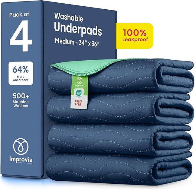 IMPROVIA® Washable Underpads, Heavy Absorbency Reusable Incontinence Pads for Kids, Adults, Elderly, and Pets, Waterproof Protection Floor (Navy and Green, 34"x36" (Pack of 4))